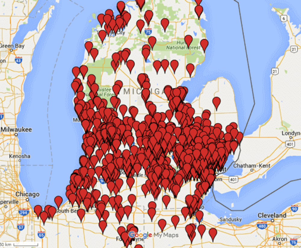 Michigan map with various cities pinned like Ann Arbor, Kalamazoo, Flint, Grand Rapids